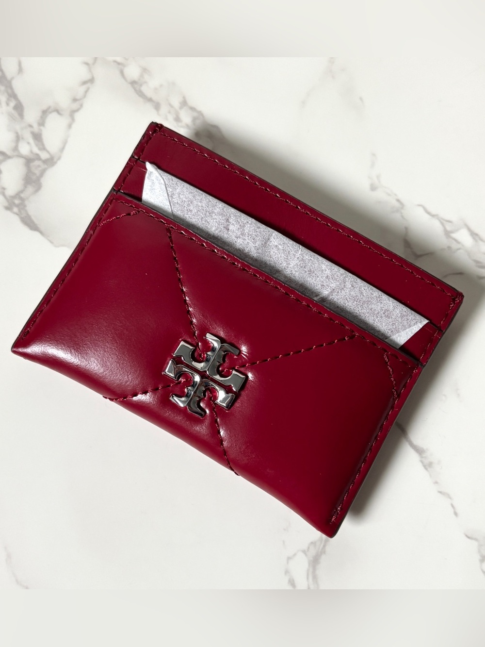 New Tory Burch Kira Diamond Quilt Leather Card Case Dark Red Burgundy